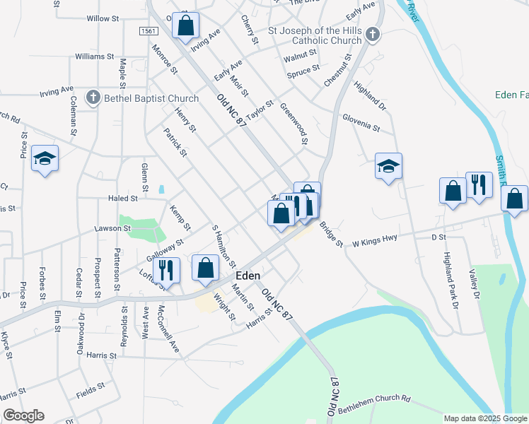 map of restaurants, bars, coffee shops, grocery stores, and more near 603 Monroe Street in Eden