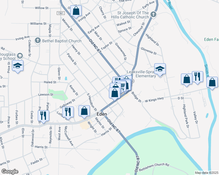 map of restaurants, bars, coffee shops, grocery stores, and more near 603 Monroe Street in Eden