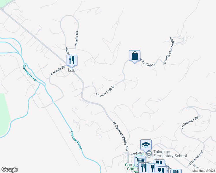 map of restaurants, bars, coffee shops, grocery stores, and more near 150 Terrace Way in Carmel Valley