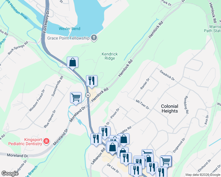 map of restaurants, bars, coffee shops, grocery stores, and more near 161 Hemlock Road in Kingsport