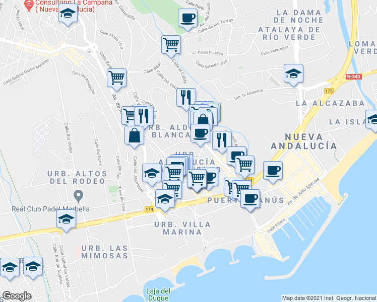 map of restaurants, bars, coffee shops, grocery stores, and more near 1 Urbanizacion N Andal Malabo in Marbella