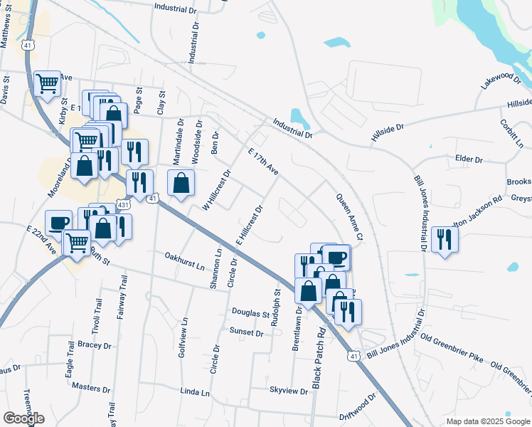 map of restaurants, bars, coffee shops, grocery stores, and more near 207 E Hillcrest Dr in Springfield