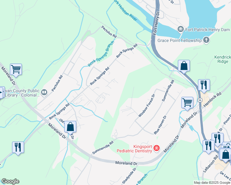 map of restaurants, bars, coffee shops, grocery stores, and more near White Hawk Way in Kingsport
