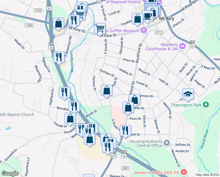map of restaurants, bars, coffee shops, grocery stores, and more near 717 Marshall Street in Mount Airy