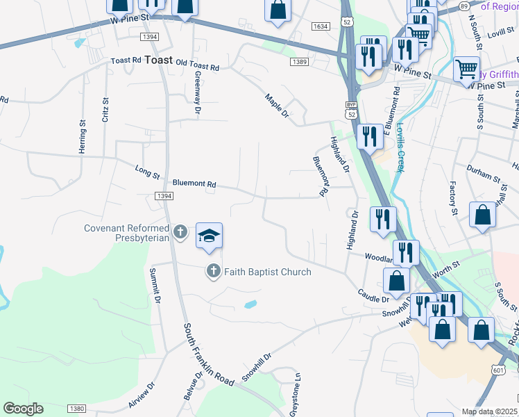 map of restaurants, bars, coffee shops, grocery stores, and more near 361 Bluemont Road in Mount Airy