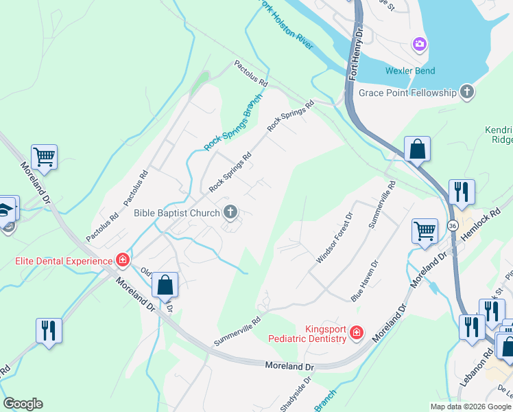 map of restaurants, bars, coffee shops, grocery stores, and more near 112 White Hawk Way in Kingsport