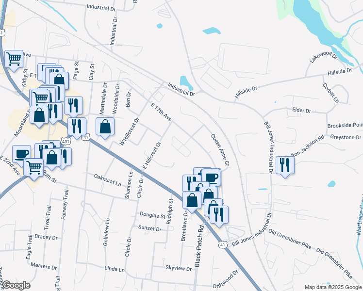 map of restaurants, bars, coffee shops, grocery stores, and more near 2569 East 17th Avenue in Springfield