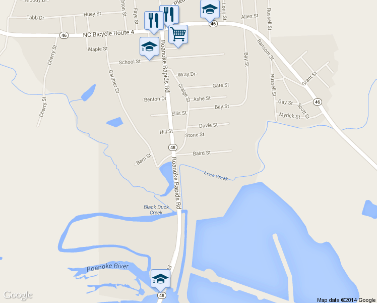 map of restaurants, bars, coffee shops, grocery stores, and more near 106 Baird Street in Gaston