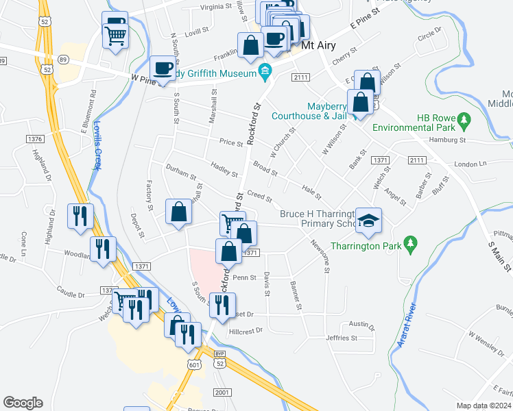 map of restaurants, bars, coffee shops, grocery stores, and more near 720 Maiden Lane in Mount Airy
