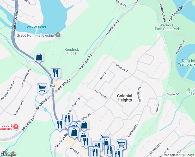 map of restaurants, bars, coffee shops, grocery stores, and more near 514 Ranier Drive in Kingsport
