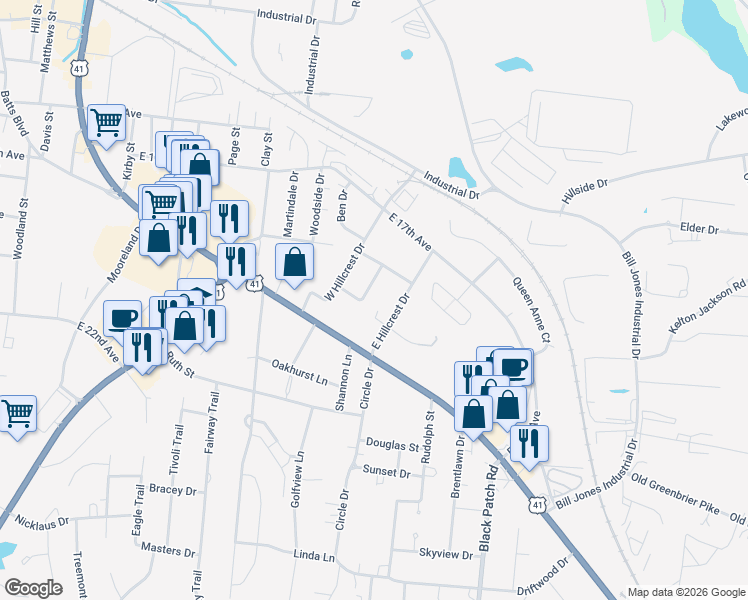 map of restaurants, bars, coffee shops, grocery stores, and more near 203A Crescent Drive in Springfield