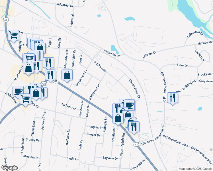 map of restaurants, bars, coffee shops, grocery stores, and more near 2569 East 17th Avenue in Springfield