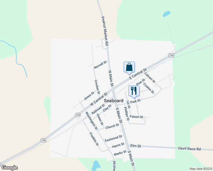 map of restaurants, bars, coffee shops, grocery stores, and more near 104 North Main Street in Seaboard