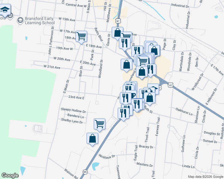 map of restaurants, bars, coffee shops, grocery stores, and more near 2119 Mockingbird Lane in Springfield