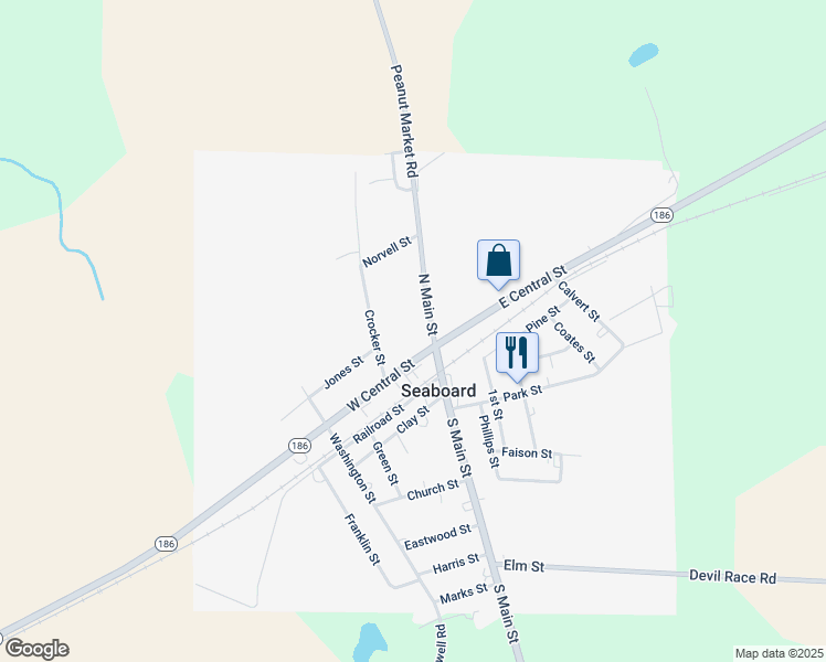 map of restaurants, bars, coffee shops, grocery stores, and more near 104 North Main Street in Seaboard