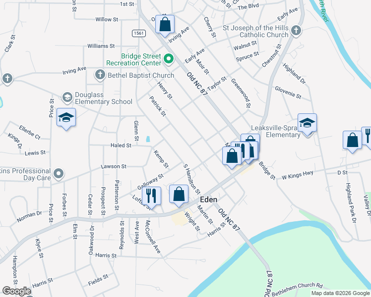 map of restaurants, bars, coffee shops, grocery stores, and more near 527 Patrick Street in Eden