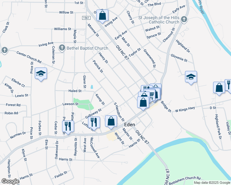 map of restaurants, bars, coffee shops, grocery stores, and more near 527 Patrick Street in Eden