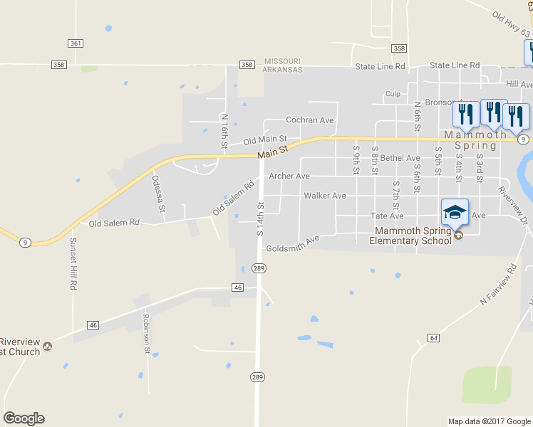 map of restaurants, bars, coffee shops, grocery stores, and more near 635 Tate Avenue in Mammoth Spring
