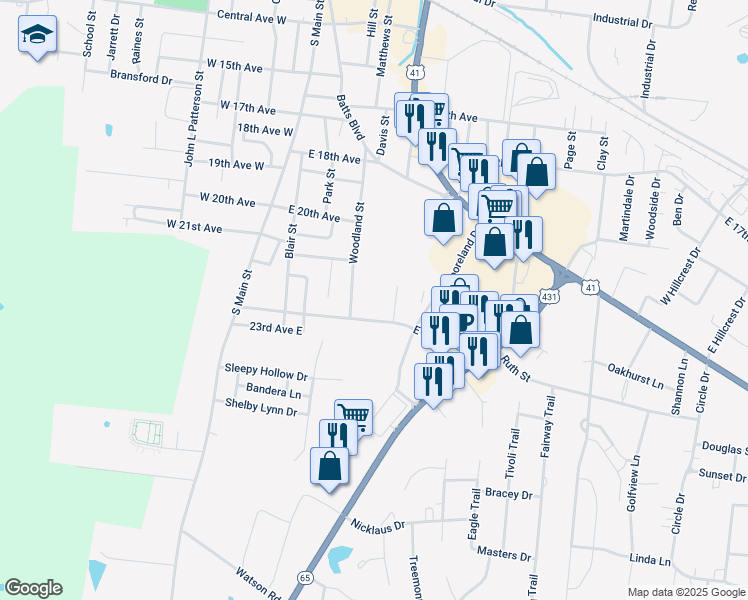 map of restaurants, bars, coffee shops, grocery stores, and more near 2118 Woodland Street in Springfield