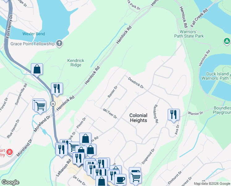 map of restaurants, bars, coffee shops, grocery stores, and more near 532 Fernwood Drive in Kingsport
