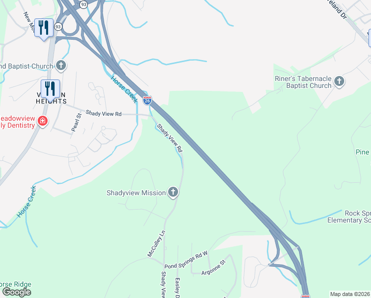 map of restaurants, bars, coffee shops, grocery stores, and more near 422 Shady View Road in Kingsport