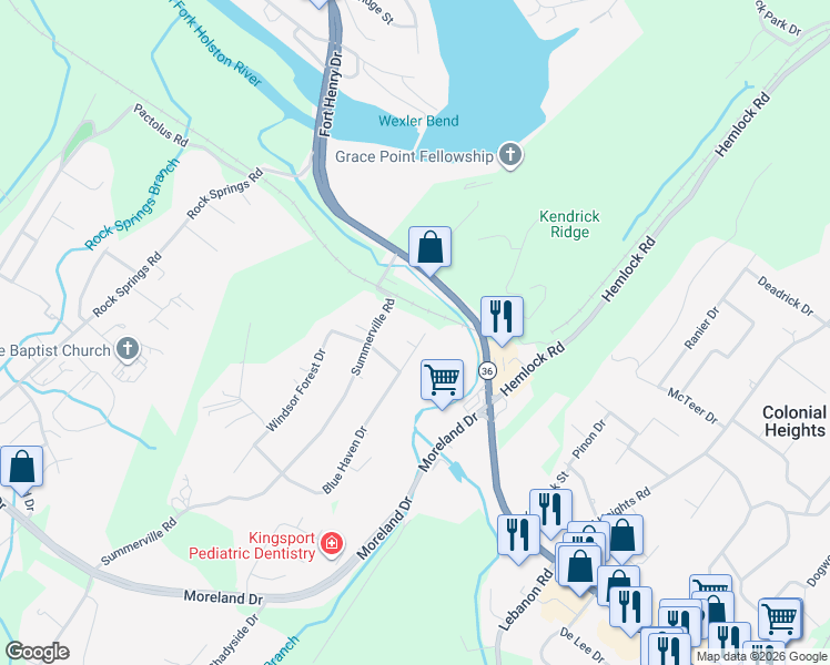 map of restaurants, bars, coffee shops, grocery stores, and more near 208 Blue Haven Drive in Kingsport