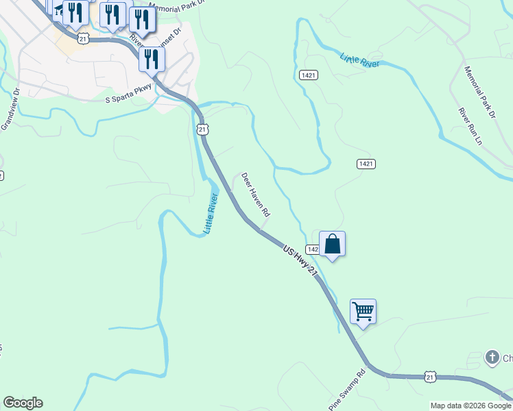 map of restaurants, bars, coffee shops, grocery stores, and more near 216 Deer Haven Road in Sparta