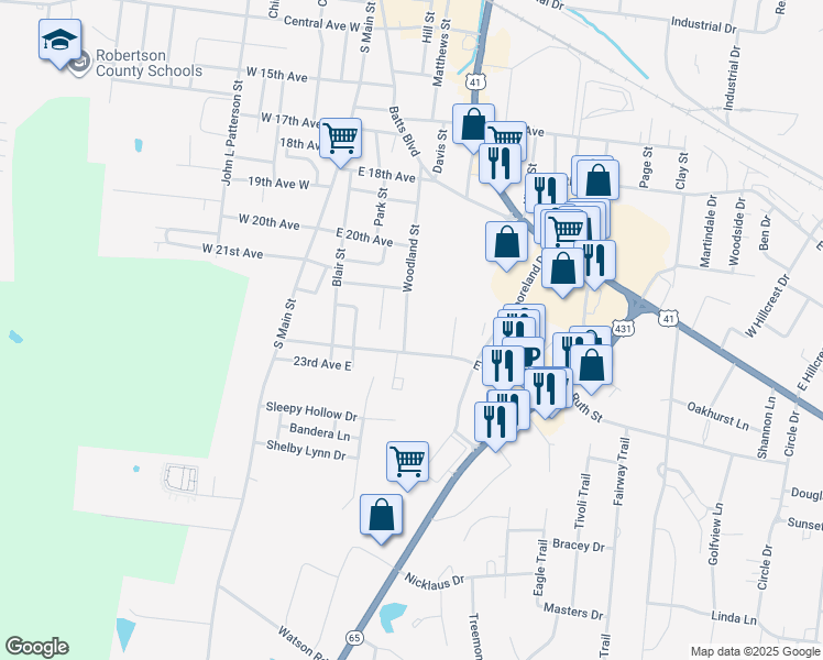 map of restaurants, bars, coffee shops, grocery stores, and more near 2118 Woodland Street in Springfield
