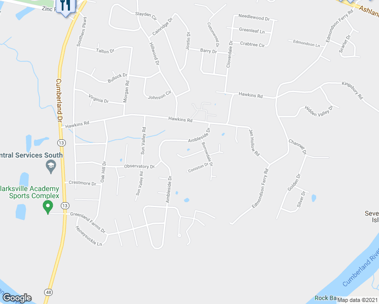 map of restaurants, bars, coffee shops, grocery stores, and more near 143 Buttermere Drive in Clarksville