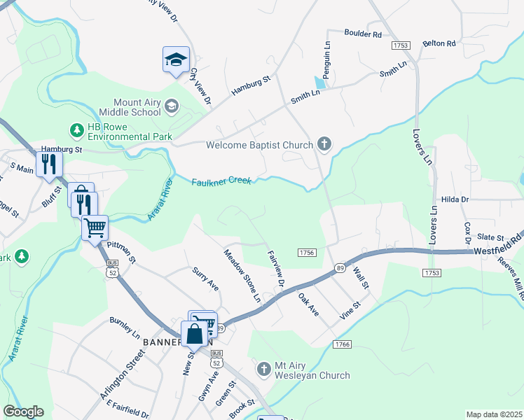 map of restaurants, bars, coffee shops, grocery stores, and more near 135 Durham Lane in Mount Airy