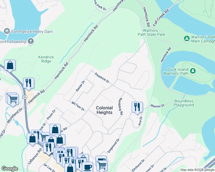 map of restaurants, bars, coffee shops, grocery stores, and more near 612 Colonial Heights Road in Kingsport