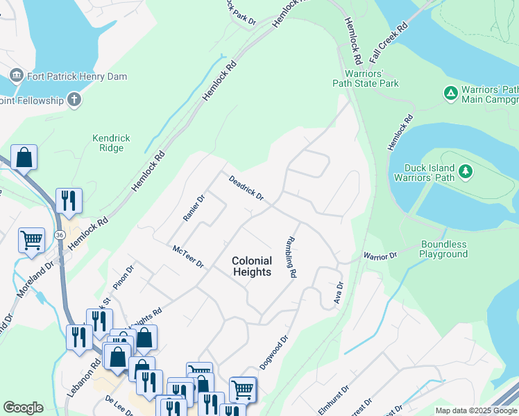 map of restaurants, bars, coffee shops, grocery stores, and more near 612 Colonial Heights Road in Kingsport