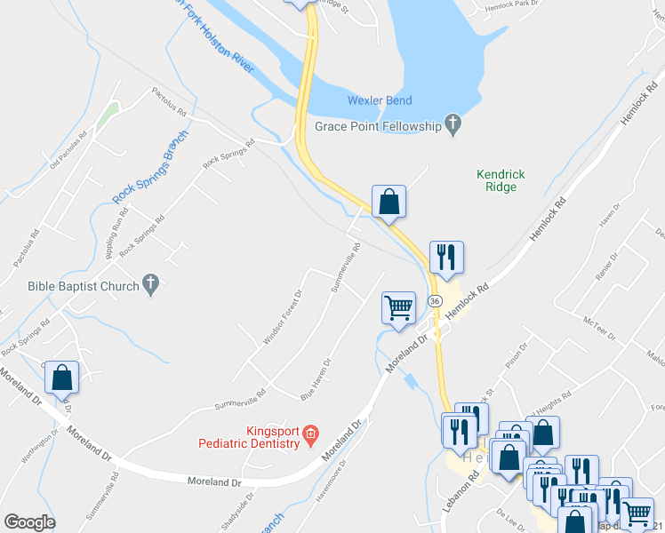 map of restaurants, bars, coffee shops, grocery stores, and more near 250 Summerville Rd in Kingsport
