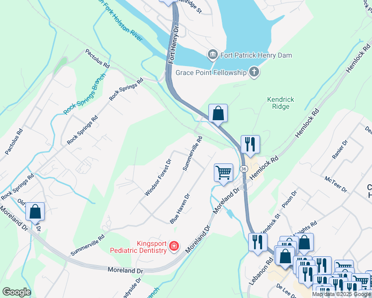 map of restaurants, bars, coffee shops, grocery stores, and more near 250 Summerville Road in Kingsport