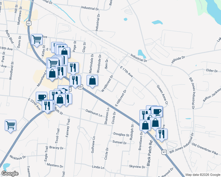 map of restaurants, bars, coffee shops, grocery stores, and more near 203A Crescent Drive in Springfield