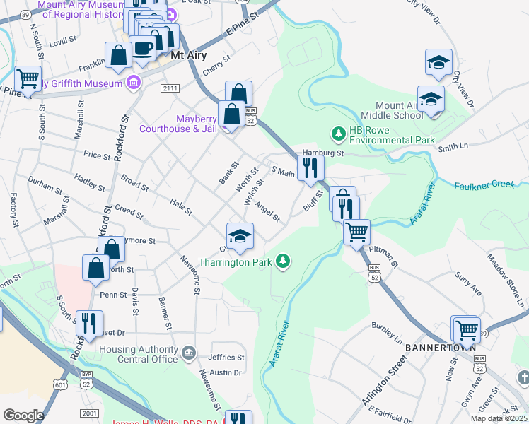map of restaurants, bars, coffee shops, grocery stores, and more near 1024 Angel Street in Mount Airy