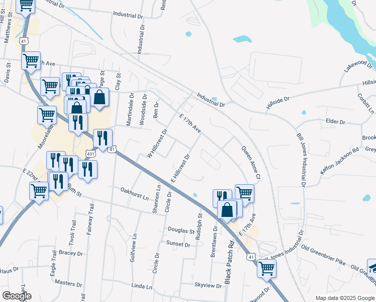 map of restaurants, bars, coffee shops, grocery stores, and more near 207 East Hillcrest Drive in Springfield