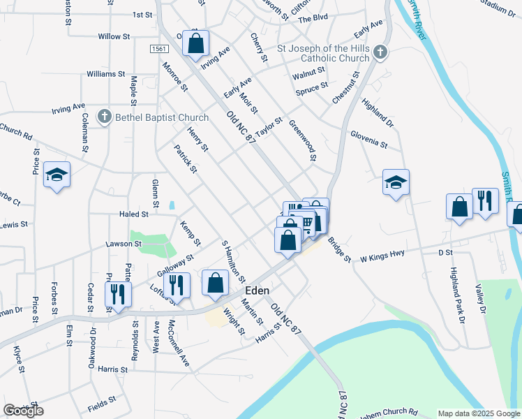 map of restaurants, bars, coffee shops, grocery stores, and more near 558 Henry Street in Eden