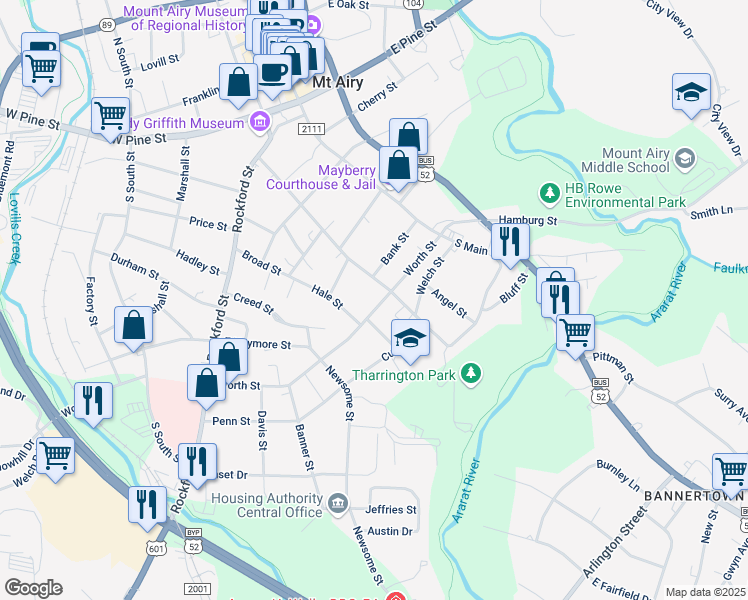 map of restaurants, bars, coffee shops, grocery stores, and more near 328 Worth Street in Mount Airy
