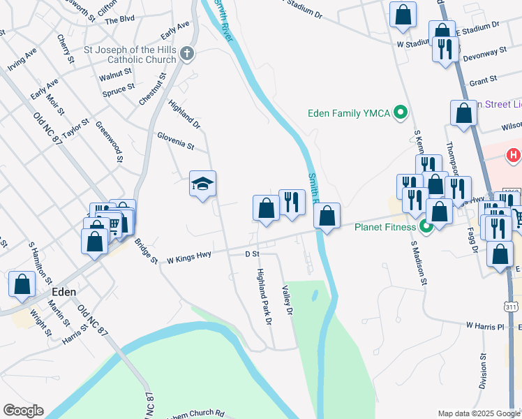 map of restaurants, bars, coffee shops, grocery stores, and more near 512 Carolyn Court in Eden