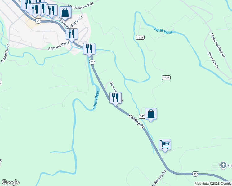 map of restaurants, bars, coffee shops, grocery stores, and more near 216 Deer Haven Road in Sparta