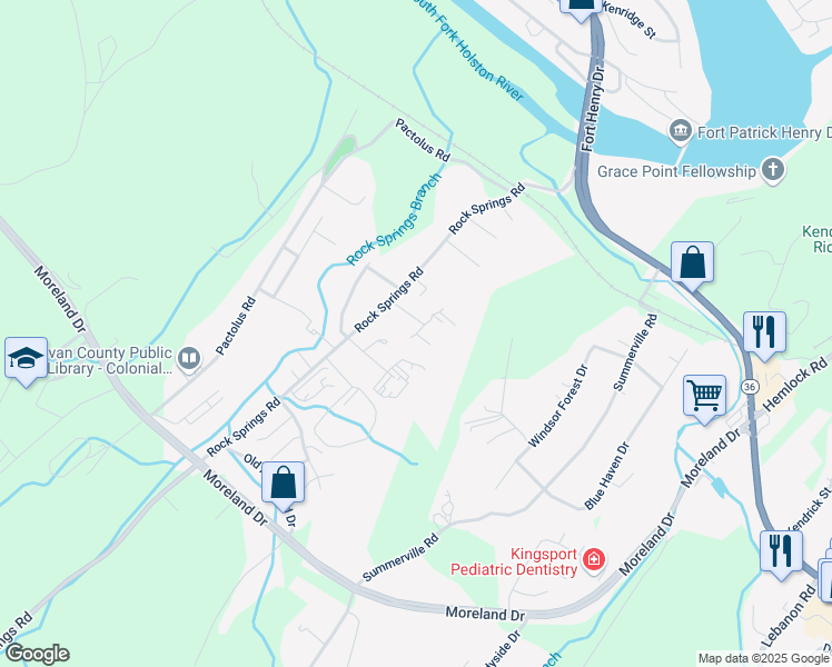 map of restaurants, bars, coffee shops, grocery stores, and more near White Hawk Way in Kingsport