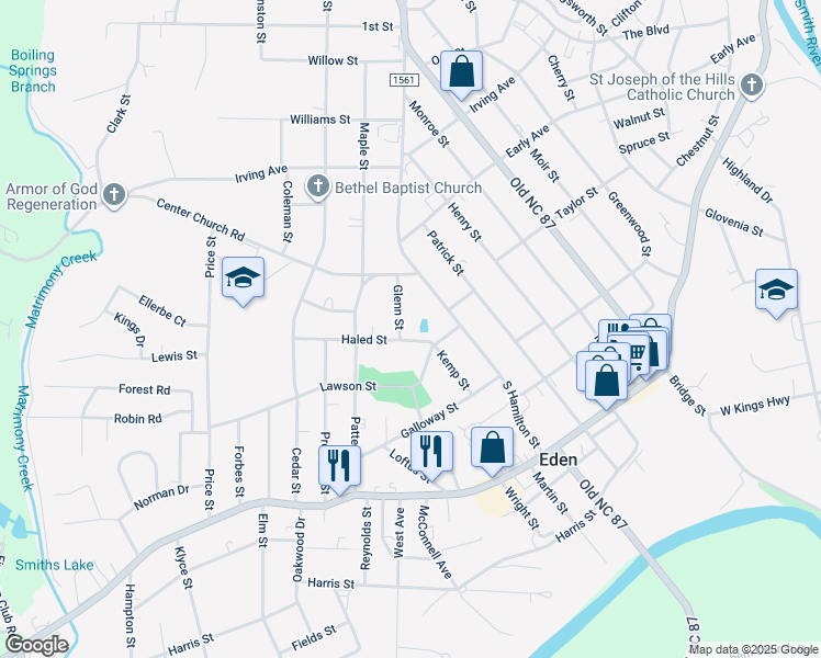 map of restaurants, bars, coffee shops, grocery stores, and more near 424 Glenn Street in Eden