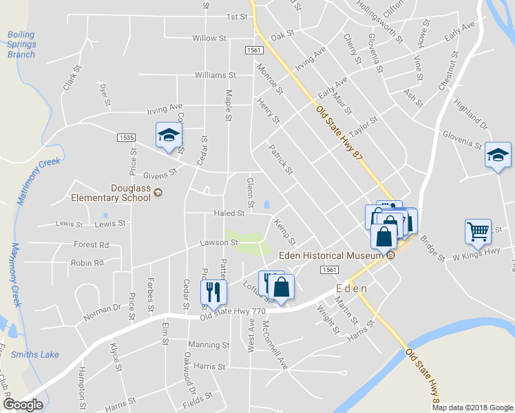 map of restaurants, bars, coffee shops, grocery stores, and more near 424 Glenn Street in Eden