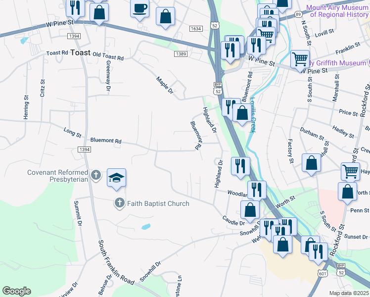 map of restaurants, bars, coffee shops, grocery stores, and more near 284 Bluemont Road in Mount Airy
