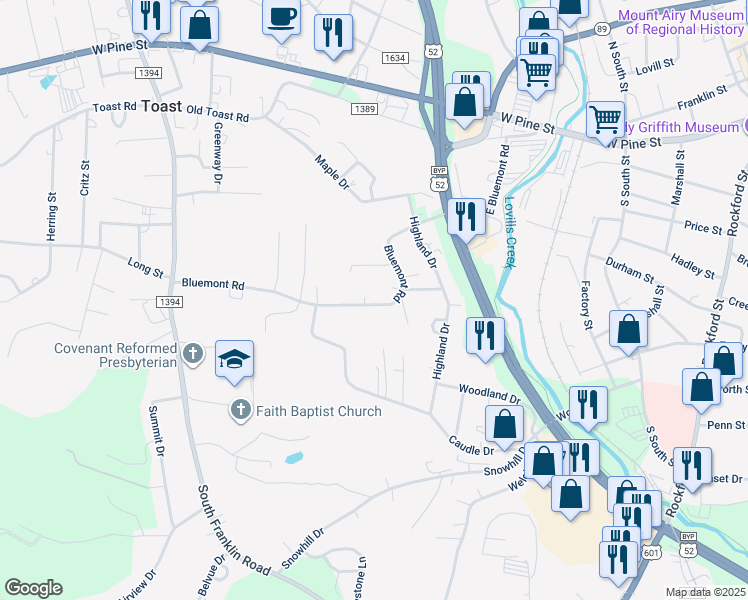 map of restaurants, bars, coffee shops, grocery stores, and more near 284 Bluemont Road in Mount Airy