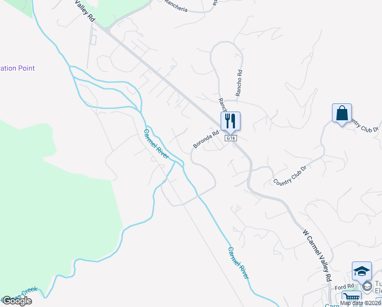 map of restaurants, bars, coffee shops, grocery stores, and more near Boronda Road & Aliso Road in Carmel Valley