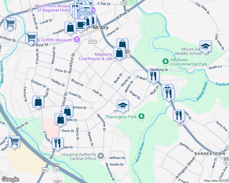 map of restaurants, bars, coffee shops, grocery stores, and more near 328 Worth Street in Mount Airy