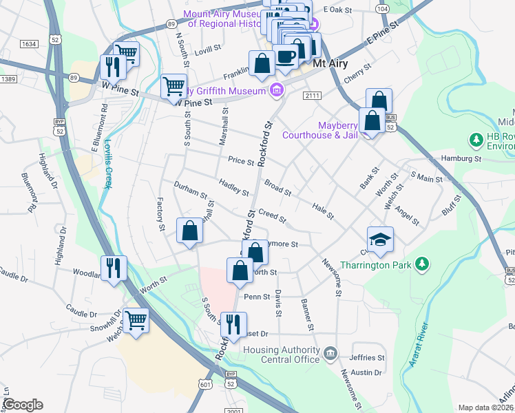 map of restaurants, bars, coffee shops, grocery stores, and more near 470 Rockford Street in Mount Airy