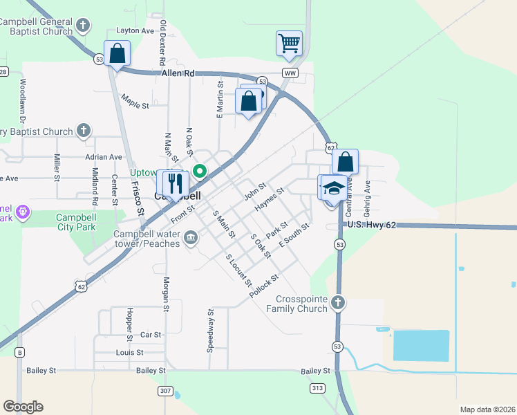 map of restaurants, bars, coffee shops, grocery stores, and more near 500 Franklin Avenue in Campbell